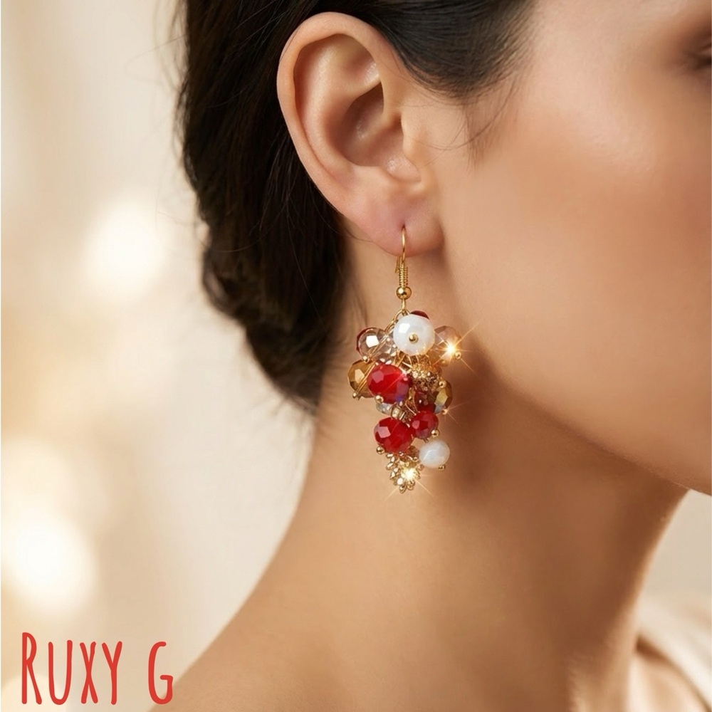 Gold and Red Cluster Earrings